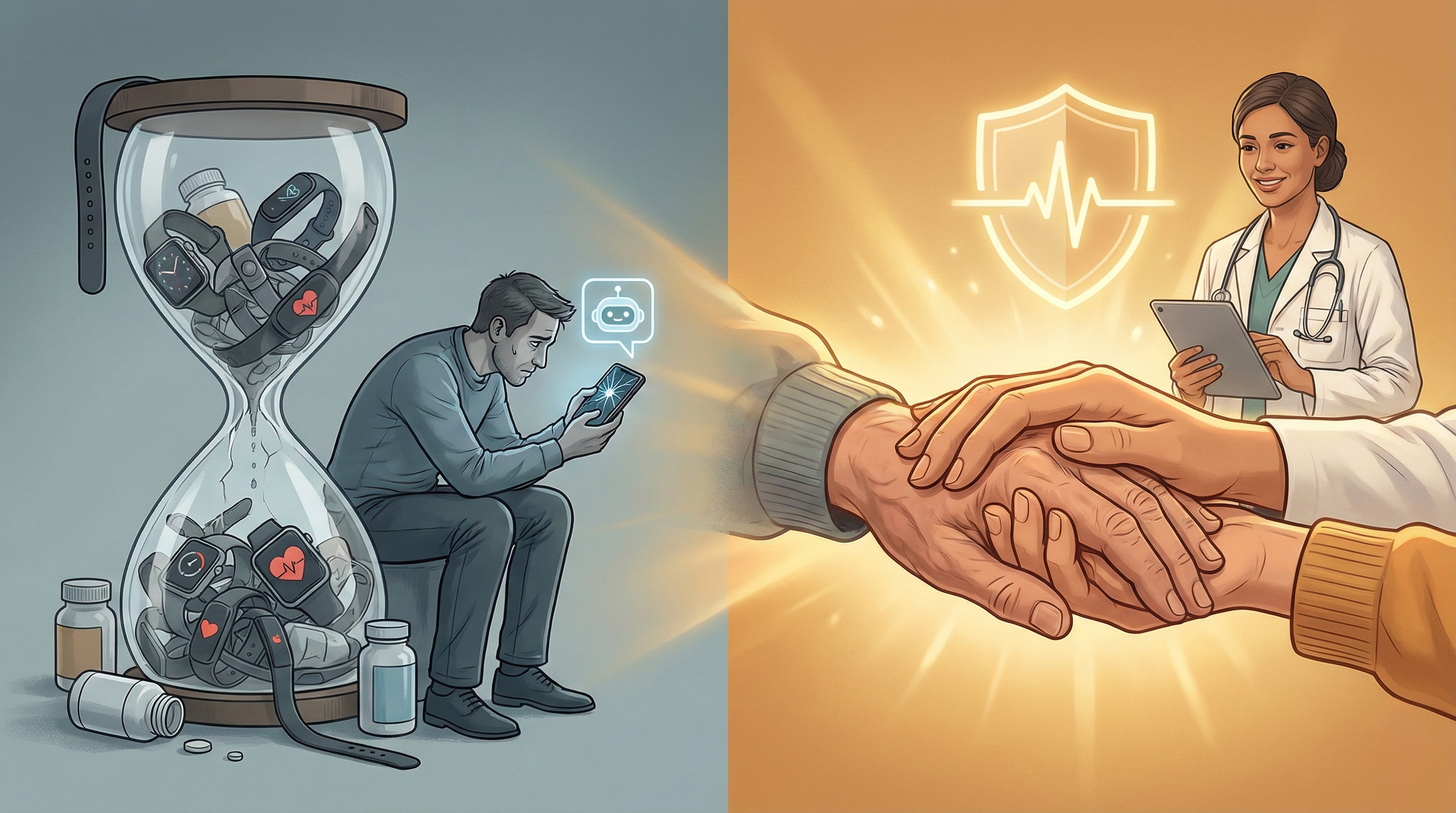 Hourglass with health devices transitioning to a doctor shaking hands with a patient, illustrating proactive care.