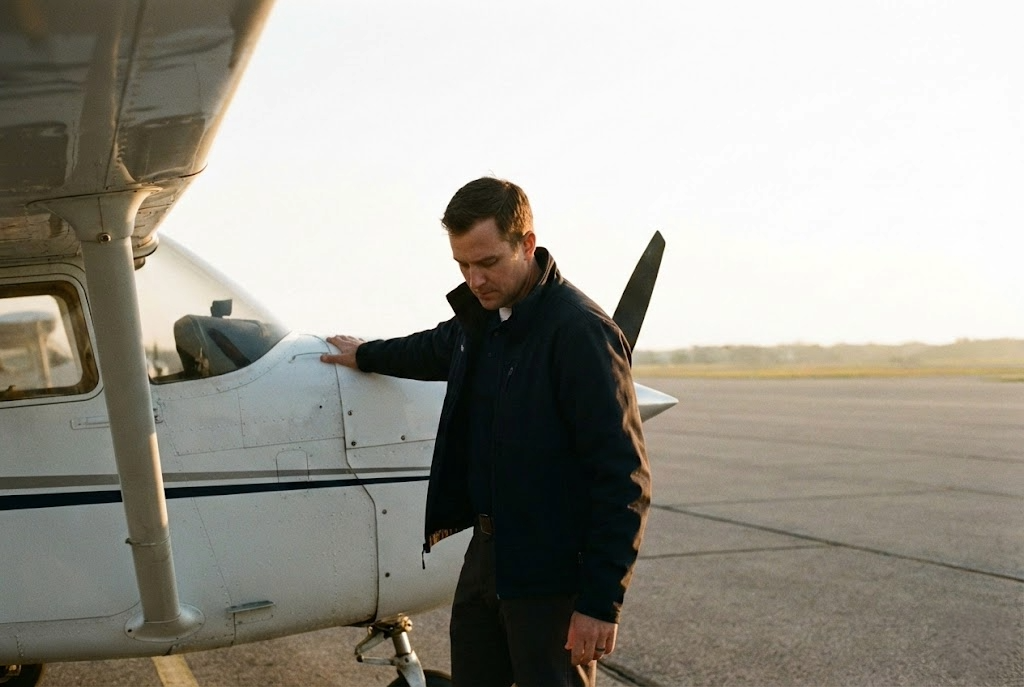 A pilot performing a pre-flight walk-around inspection on a small aircraft at dawn